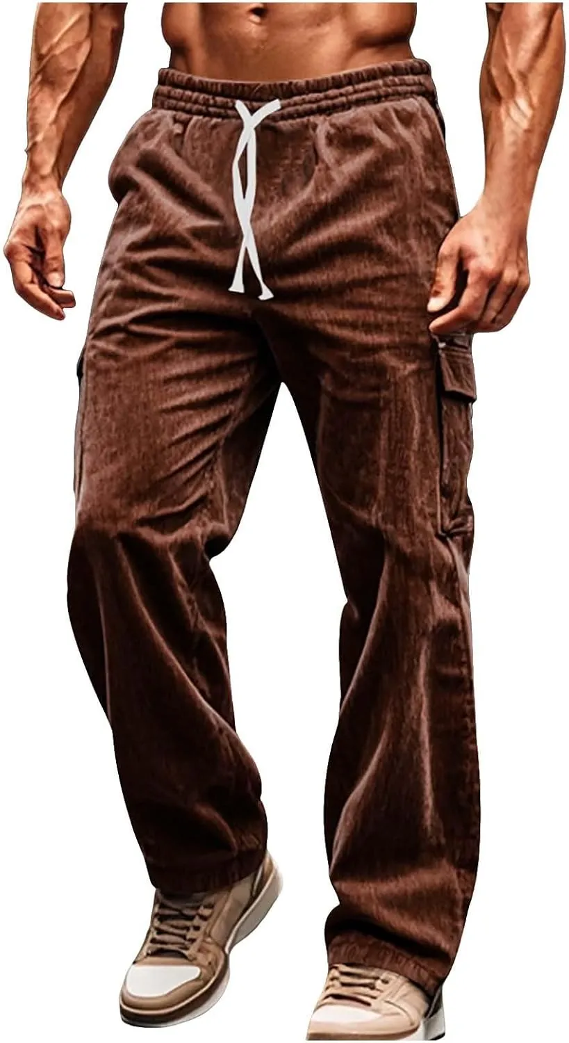 Mens Corduroy Cargo Pants Big and Tall Loose Fit Retro Workwear Sweatpants Casual Straight Leg Plus Size Baggy Trousers