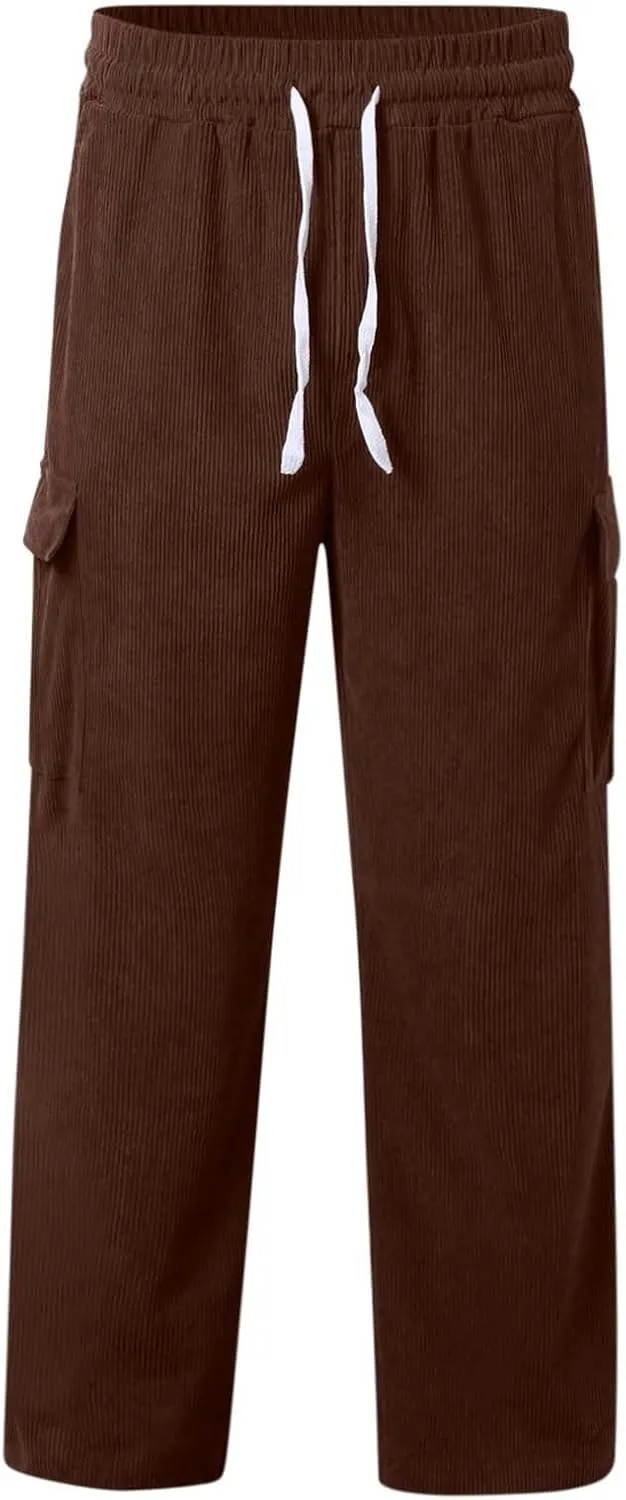 Mens Corduroy Cargo Pants Big and Tall Loose Fit Retro Workwear Sweatpants Casual Straight Leg Plus Size Baggy Trousers