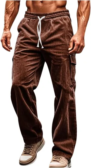 Mens Corduroy Cargo Pants Big and Tall Loose Fit Retro Workwear Sweatpants Casual Straight Leg Plus Size Baggy Trousers