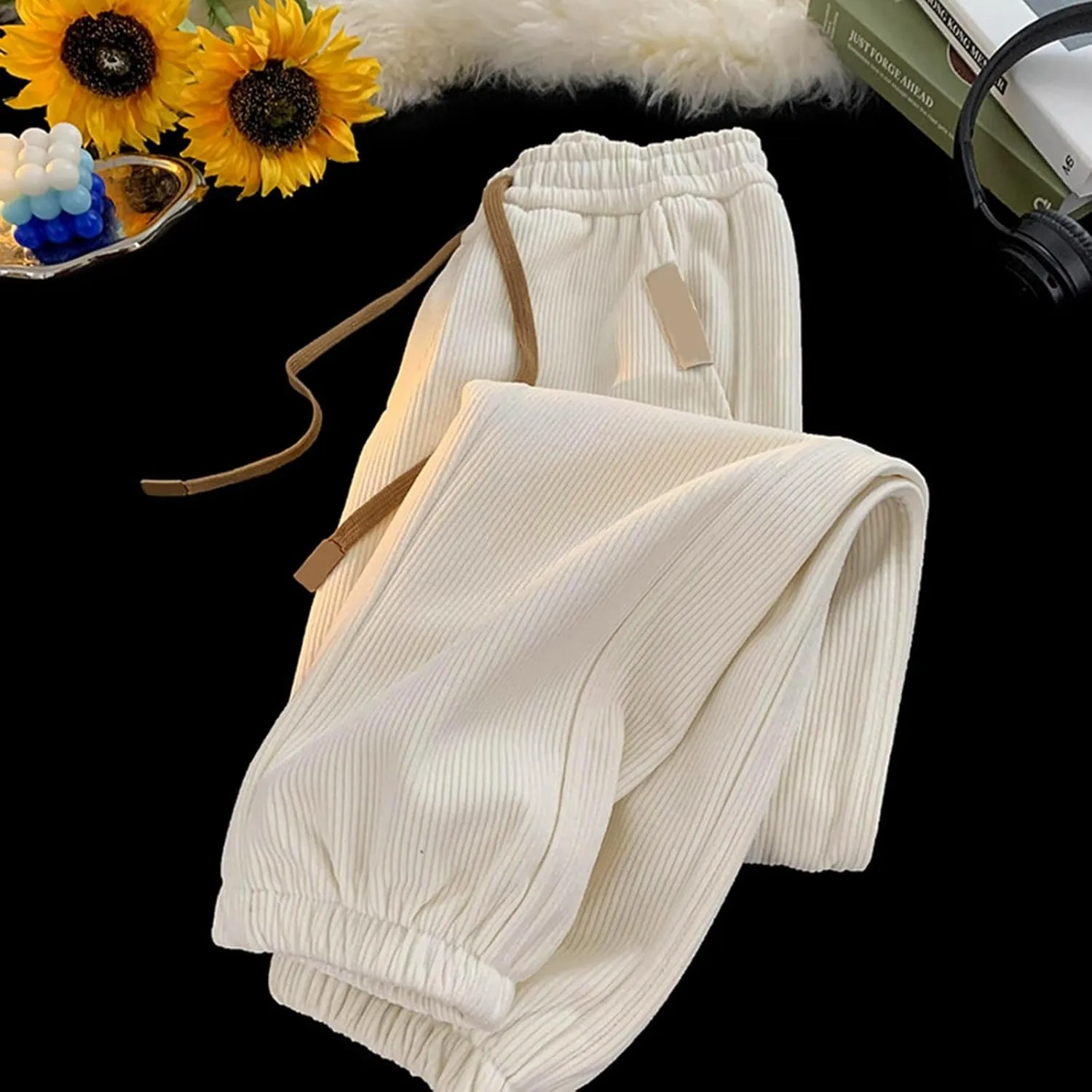 Mens Corduroy Pants Stretch Fit Elastic Waist Baggy Sweatpants Drawstring Lightweight Loose Joggers Comfy Casual Trousers