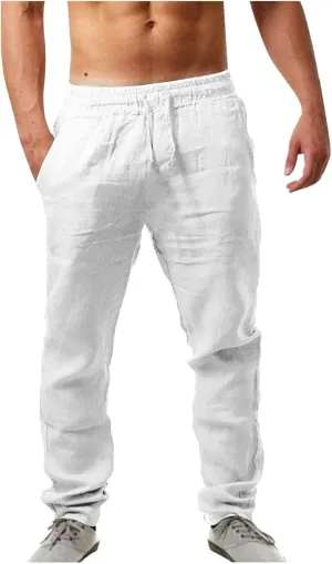 Mens Cotton Joggers Elastic Waist Loose Fit Lightweight Hiking Pants Casual Solid Plus Size Straight Leg Athletic Sweatpants