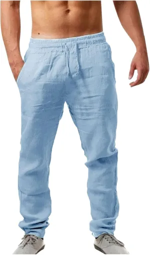 Mens Cotton Joggers Elastic Waist Loose Fit Lightweight Hiking Pants Casual Solid Plus Size Straight Leg Athletic Sweatpants