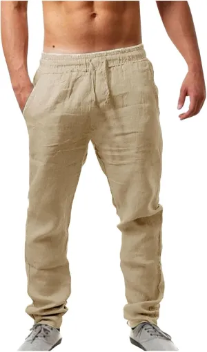 Mens Cotton Joggers Elastic Waist Loose Fit Lightweight Hiking Pants Casual Solid Plus Size Straight Leg Athletic Sweatpants