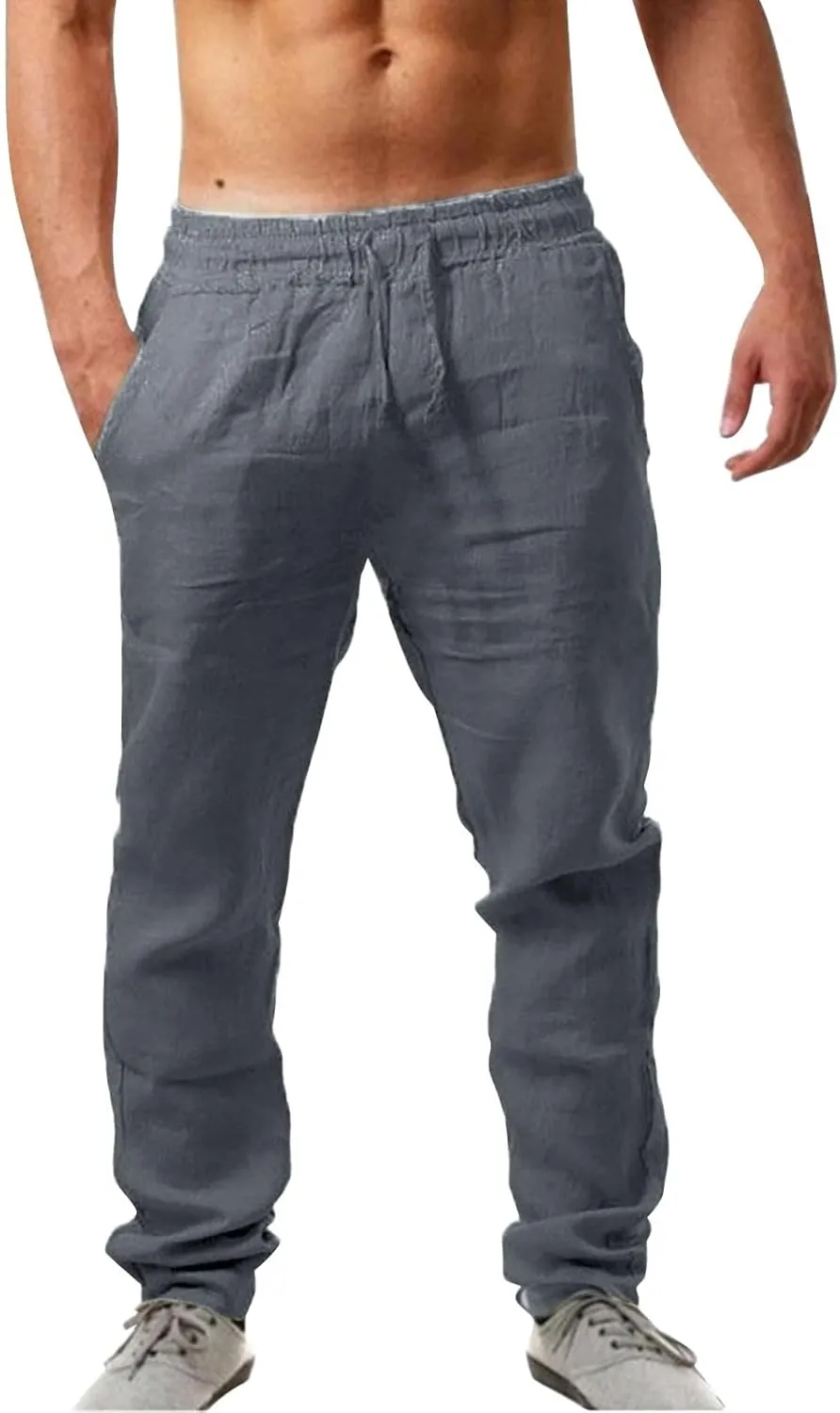 Mens Cotton Joggers Elastic Waist Loose Fit Lightweight Hiking Pants Casual Solid Plus Size Straight Leg Athletic Sweatpants