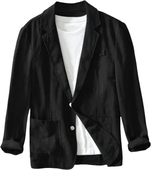 Mens Cotton Linen Blazer Lightweight and Thin Casual Sport Coat Solid Color with Two Button Pockets for Daily Suits