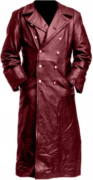 Men's Double Breasted Leather Jacket Long Trench Coat Windbreaker Overcoat