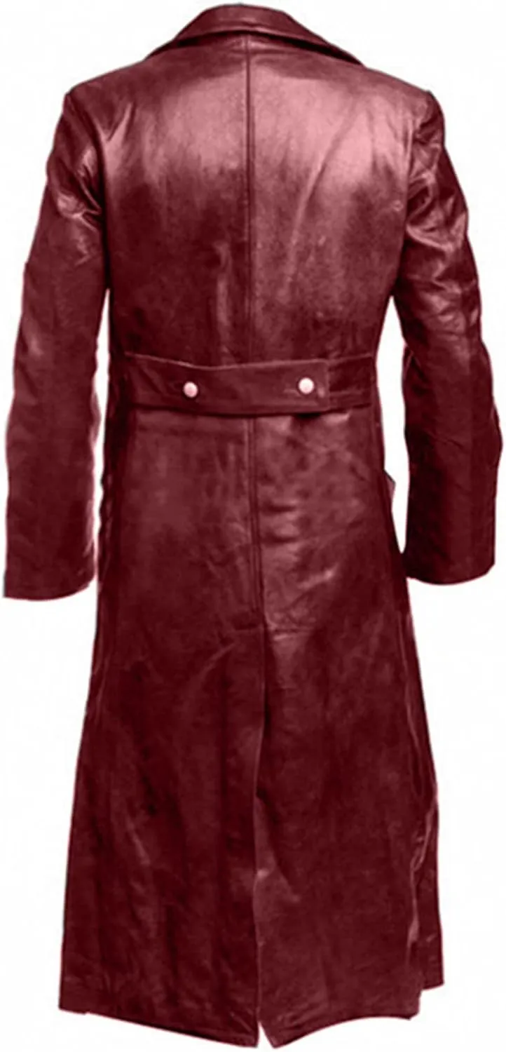 Men's Double Breasted Leather Jacket Long Trench Coat Windbreaker Overcoat