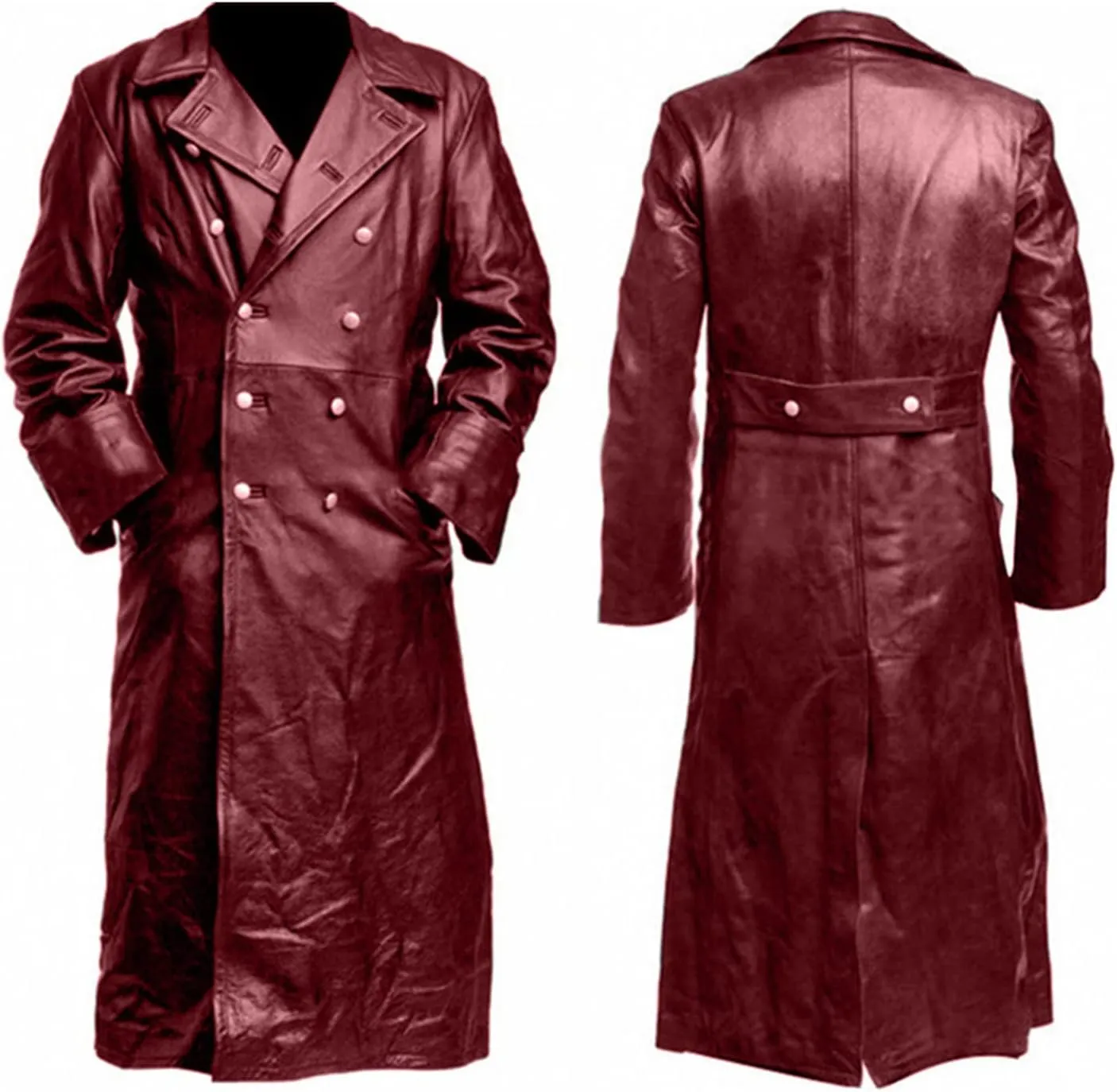 Men's Double Breasted Leather Jacket Long Trench Coat Windbreaker Overcoat