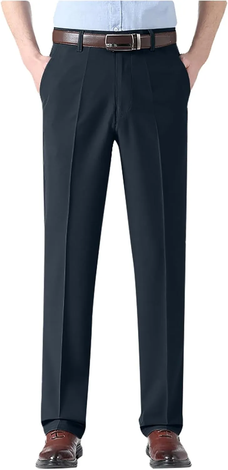 Mens Dress Pants Relaxed Fit Straight Leg Plus Size Casual Pants Summer Comfy Baggy Solid Classic Work Trousers with Pockets