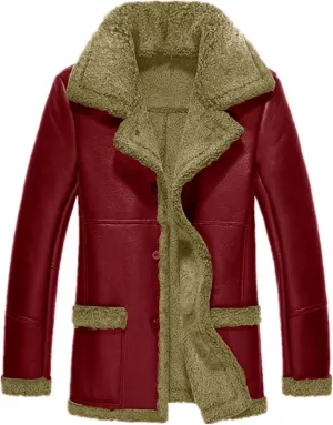 Men's Faux Leather Jackets Fleece Sherpa Lined Long Trench Coats Motorbike Mid-Length Button Up Trenchcoat