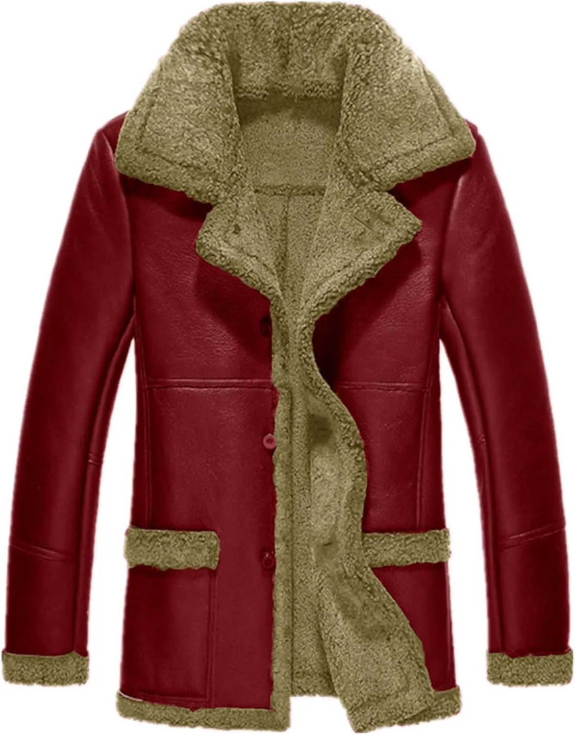 Men's Faux Leather Jackets Fleece Sherpa Lined Long Trench Coats Motorbike Mid-Length Button Up Trenchcoat