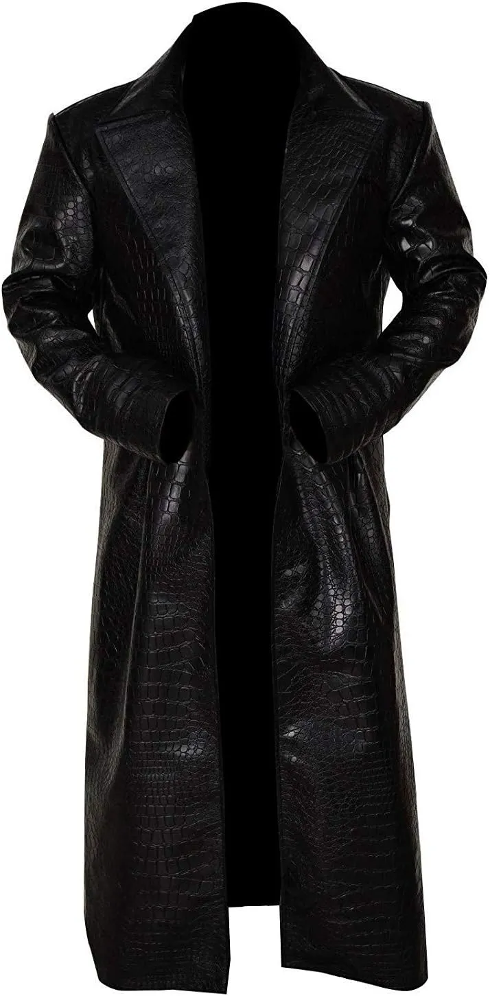 Mens Full-Length Long Trench Coat  Premium 100% Real Leather Double Breasted Overcoats