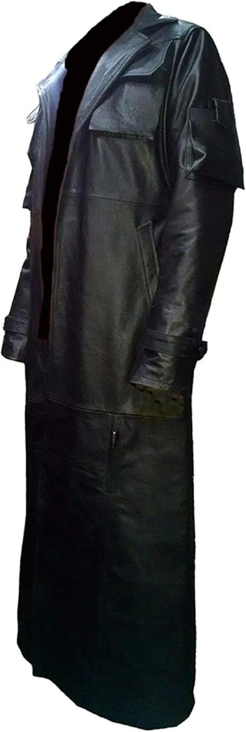 Mens Full-Length Long Trench Coat  Premium 100% Real Leather Double Breasted Overcoats