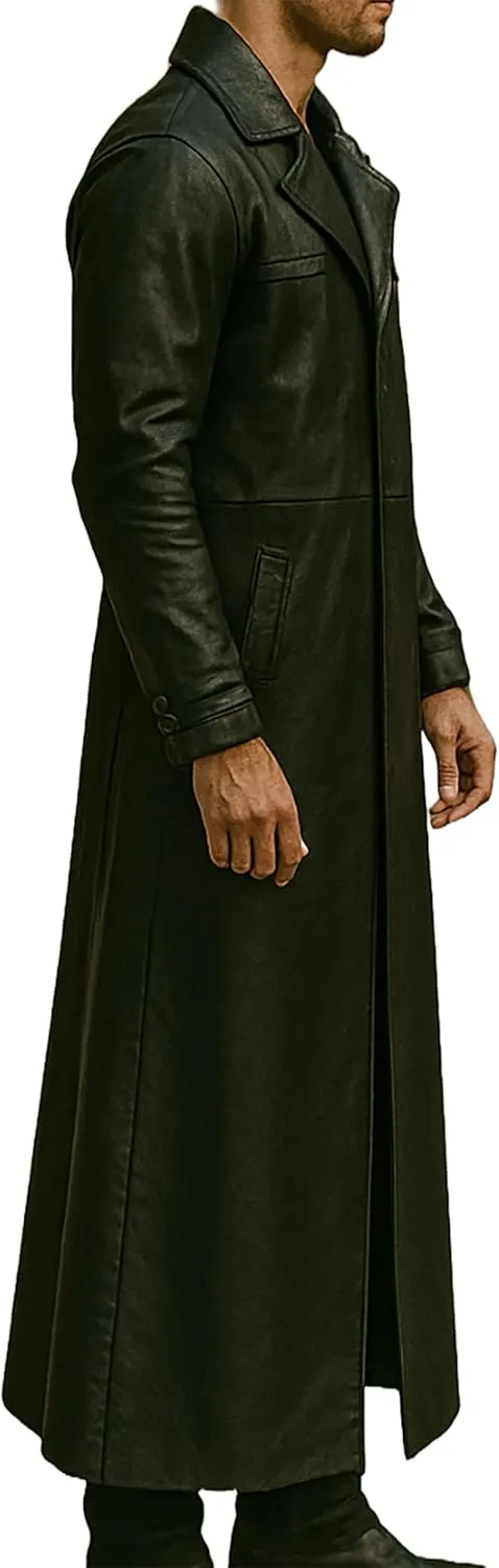 Mens Full-Length Long Trench Coat  Premium 100% Real Leather Double Breasted Overcoats