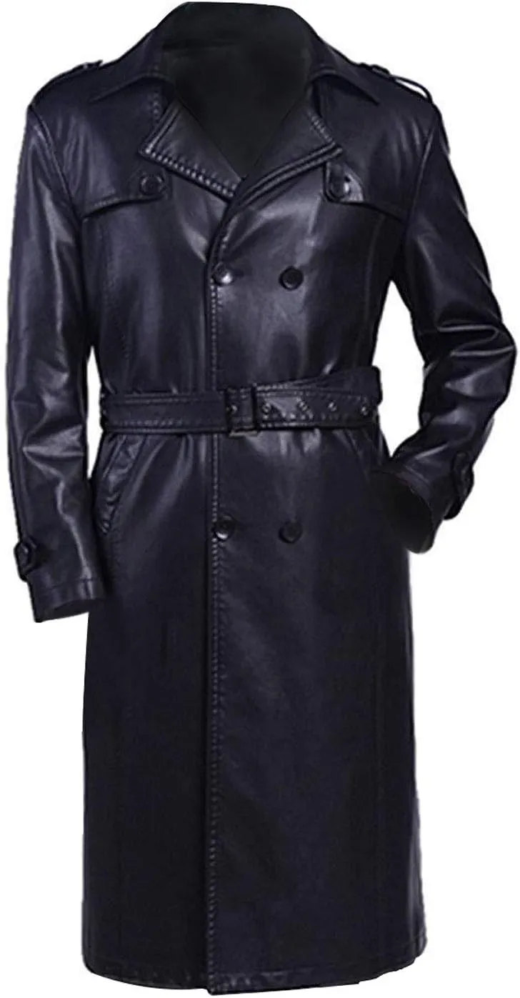 Mens Full-Length Long Trench Coat  Premium 100% Real Leather Double Breasted Overcoats