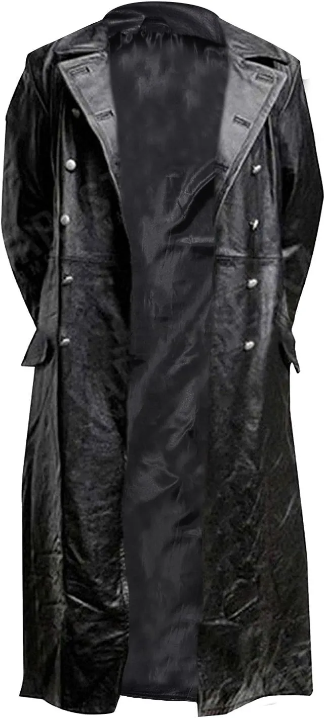Mens Full-Length Long Trench Coat  Premium 100% Real Leather Double Breasted Overcoats