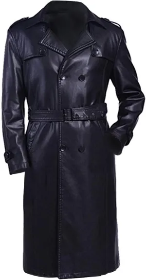 Mens Full-Length Long Trench Coat  Premium 100% Real Leather Double Breasted Overcoats