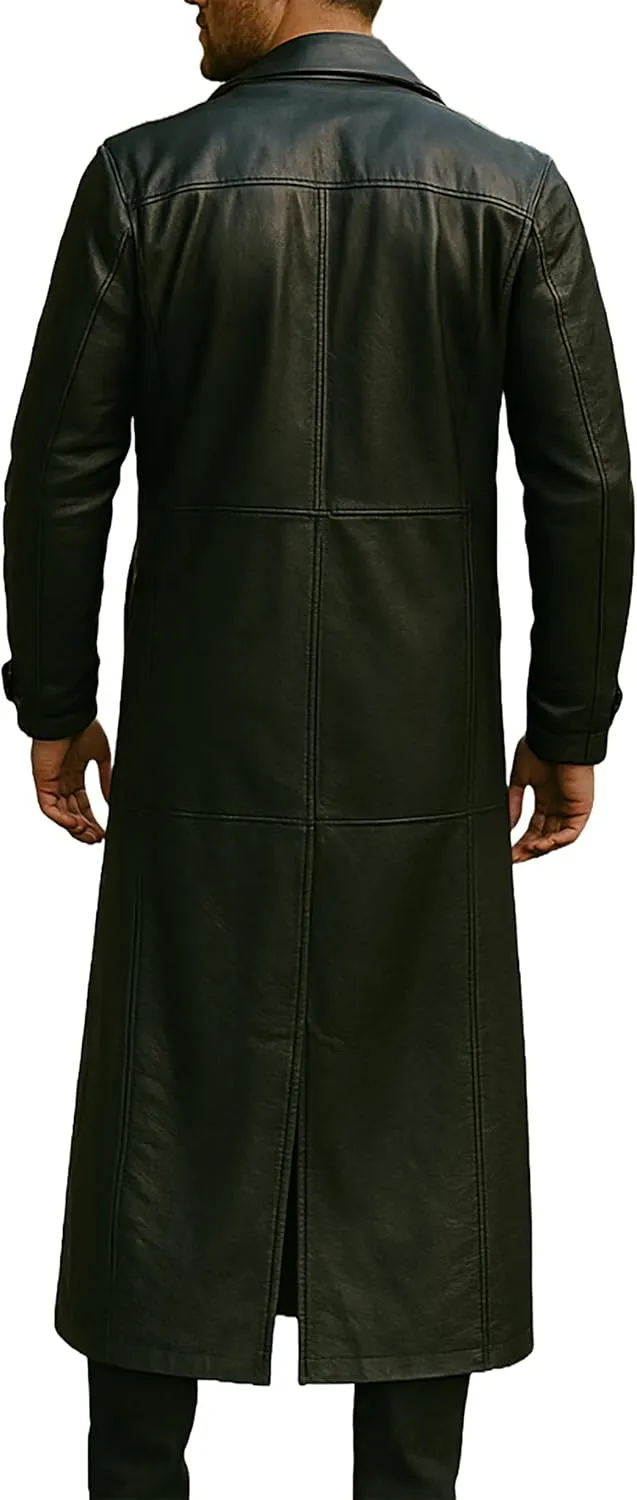 Mens Full-Length Long Trench Coat  Premium 100% Real Leather Double Breasted Overcoats