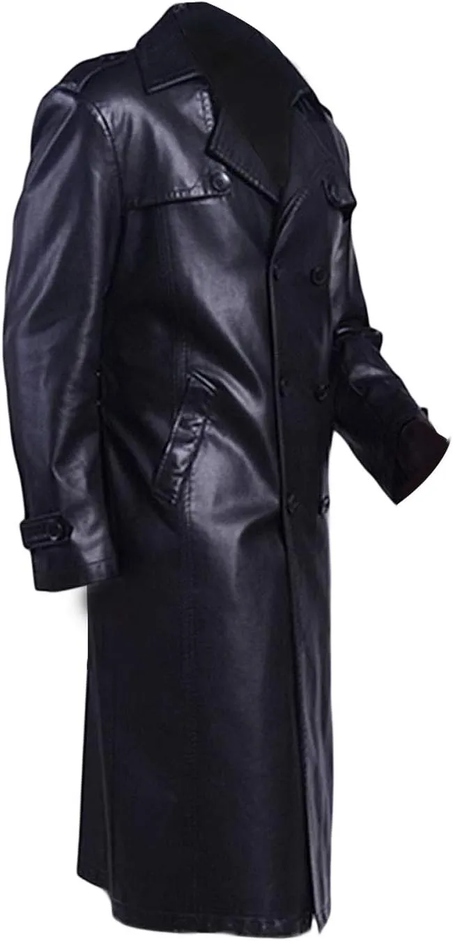 Mens Full-Length Long Trench Coat  Premium 100% Real Leather Double Breasted Overcoats