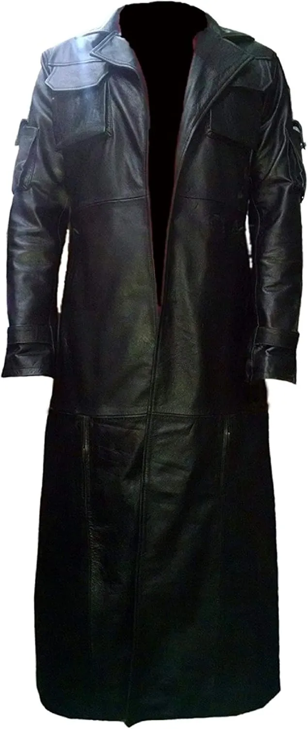 Mens Full-Length Long Trench Coat  Premium 100% Real Leather Double Breasted Overcoats