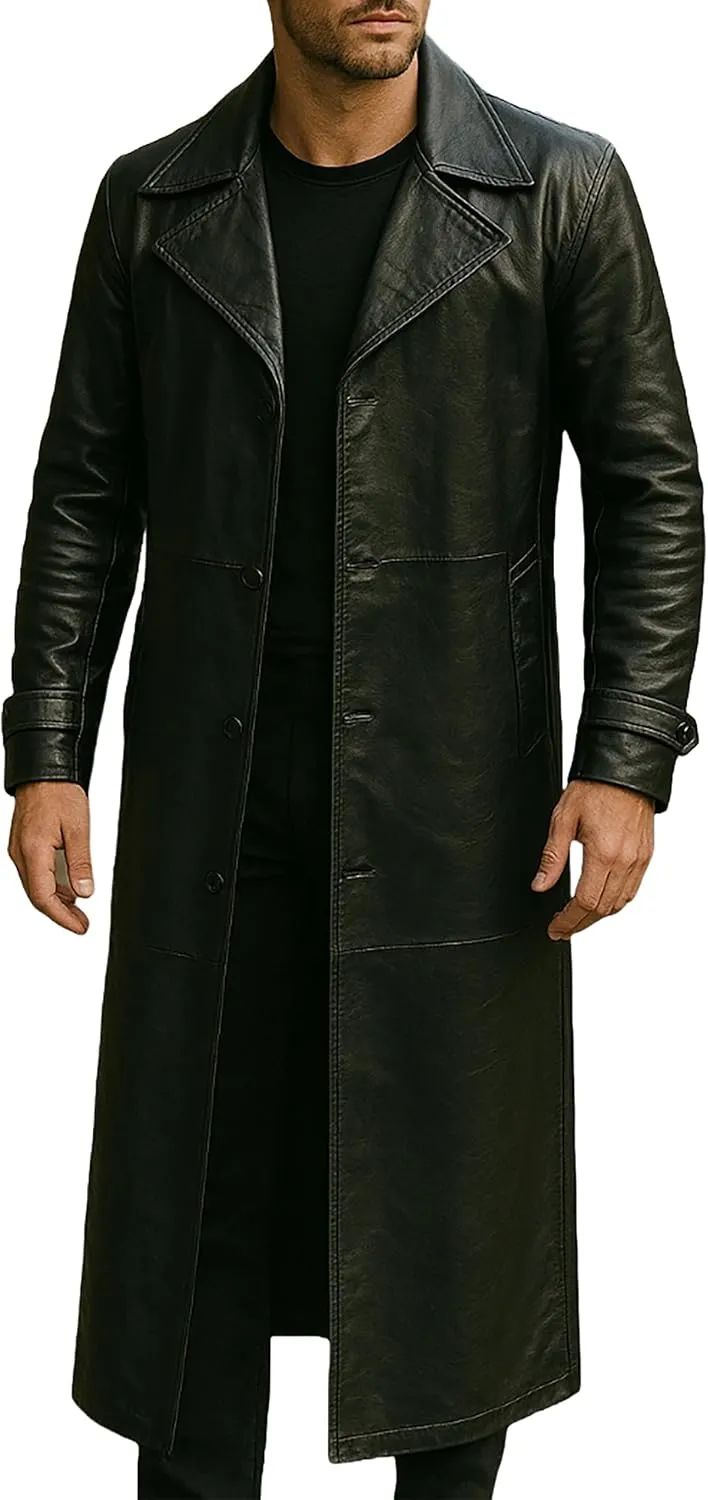 Mens Full-Length Long Trench Coat  Premium 100% Real Leather Double Breasted Overcoats
