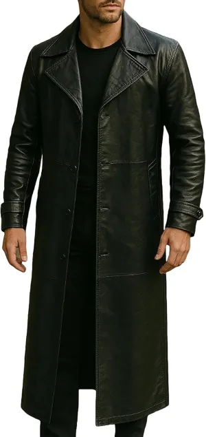 Mens Full-Length Long Trench Coat  Premium 100% Real Leather Double Breasted Overcoats