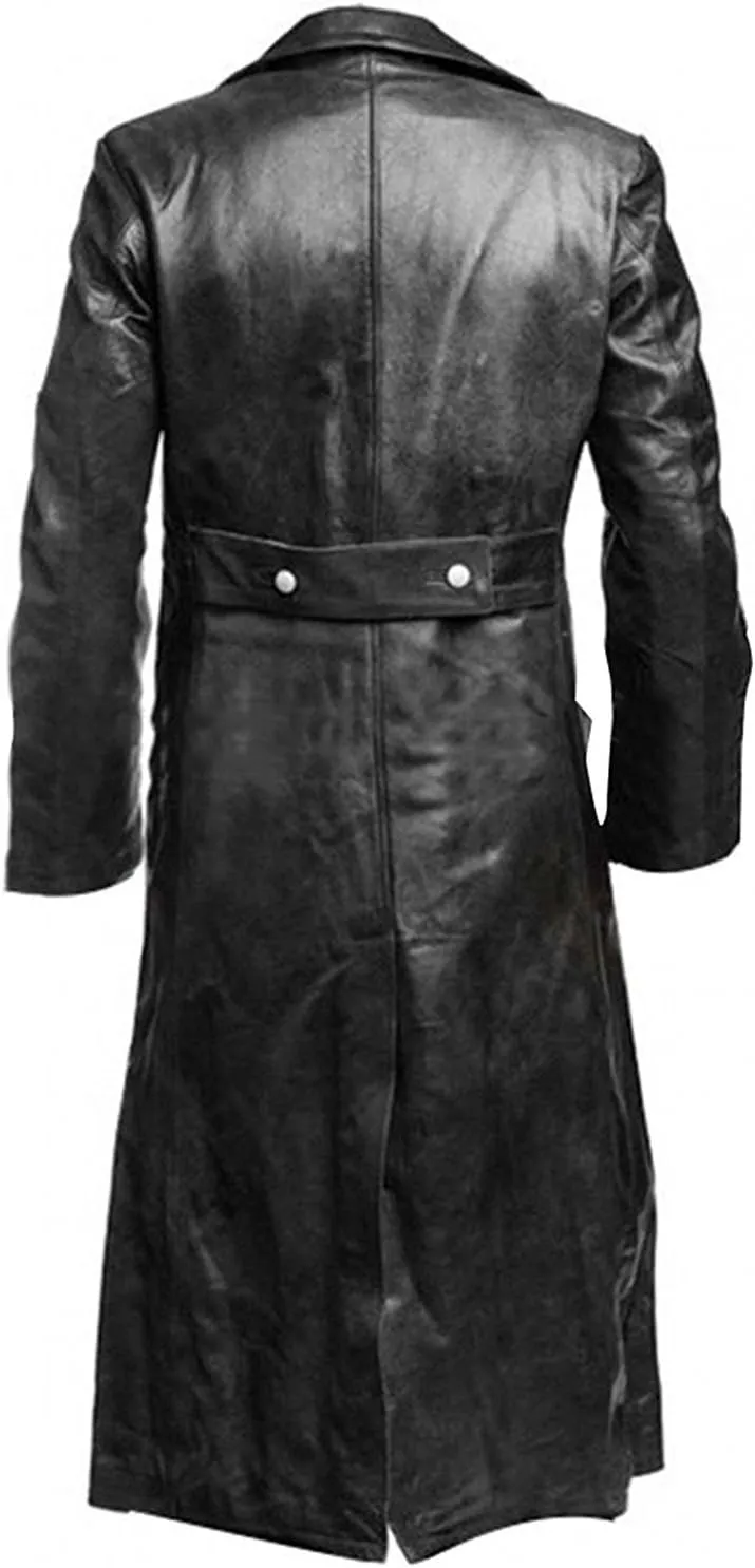 Mens Full-Length Long Trench Coat  Premium 100% Real Leather Double Breasted Overcoats