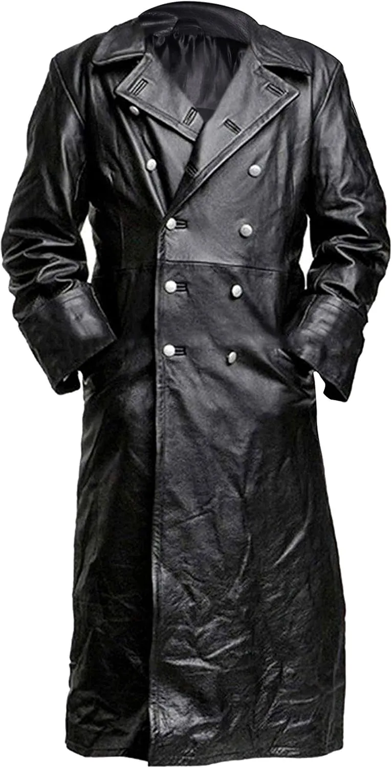 Mens Full-Length Long Trench Coat  Premium 100% Real Leather Double Breasted Overcoats