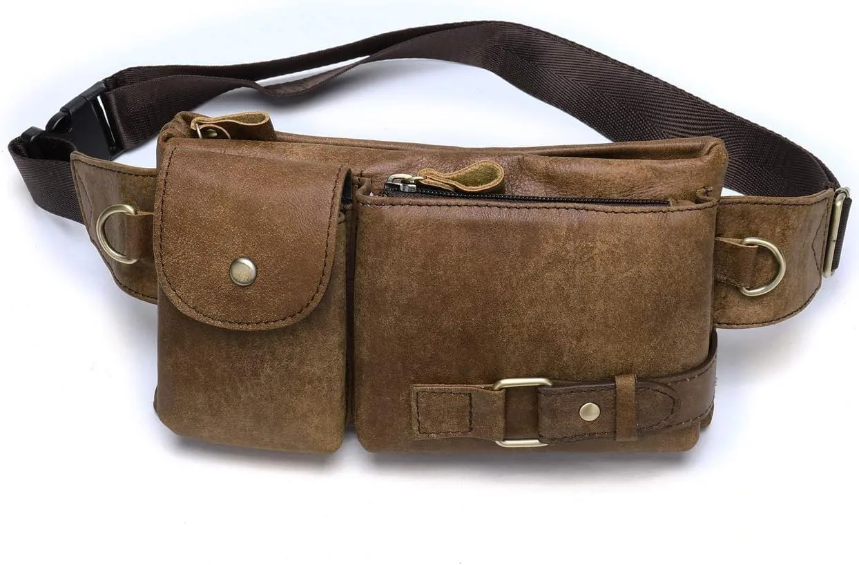 Men's Leather Fanny Pack Waist Bags Vintage Utility Belt Bag Crossbody Hip Purse(Brown)