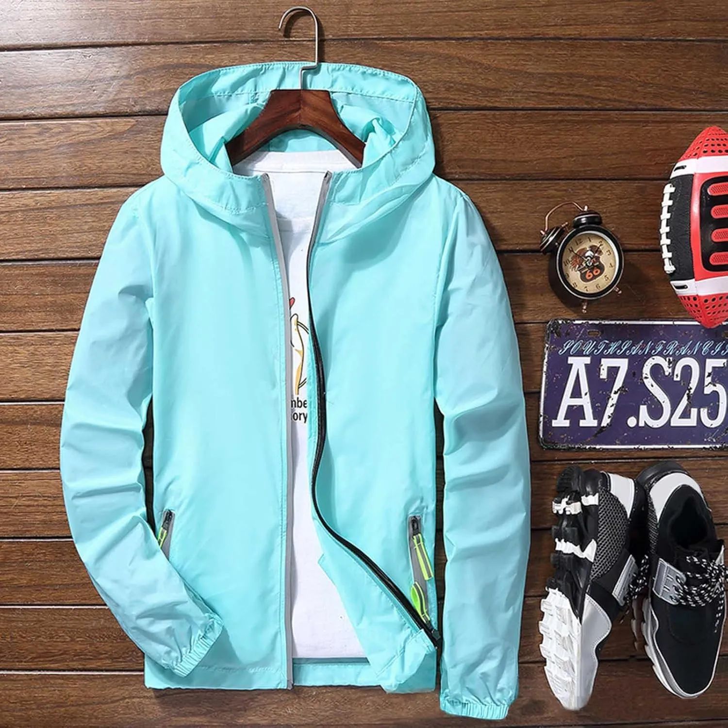 Mens Lightweight Waterproof Rain Jacket Windbreaker Casual Refleciton Zip Up Jackets with Hood Mens