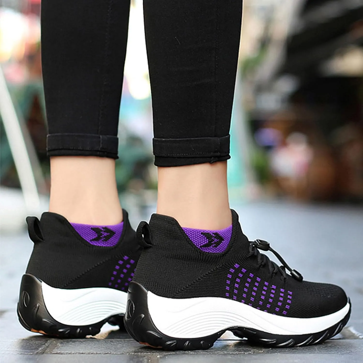 Mens Platform Sneakers Air Cushion for Day Walking, Orthopedic Stretch Breathable, Thick Rocker Bottom for Men Women