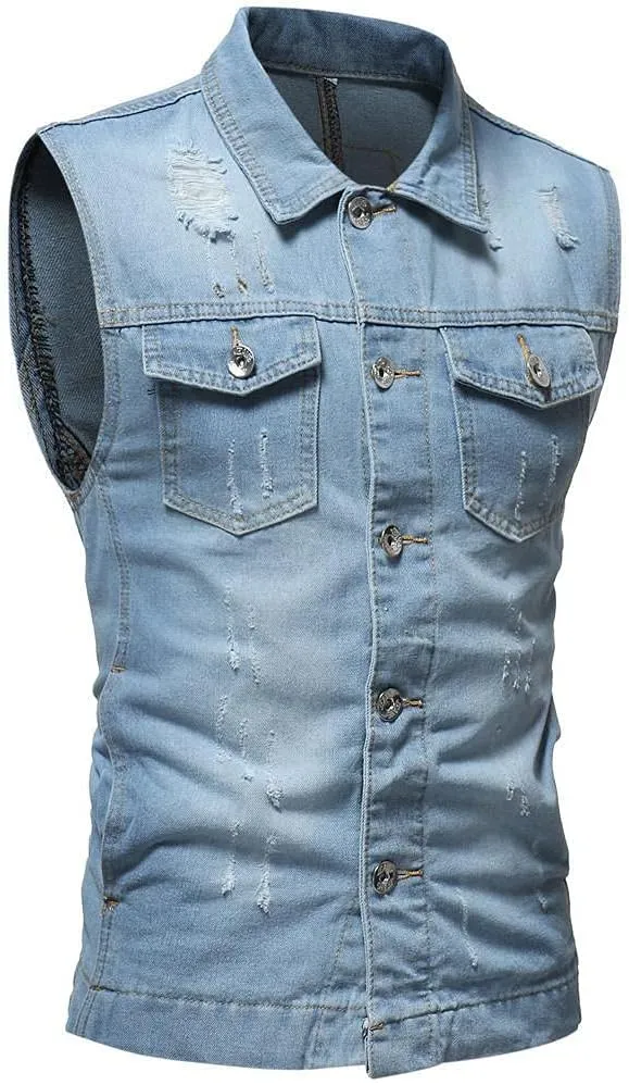 Mens Punk Ripped Denim Vest Jackets Sleeveless Motorcycle Trucker Jean Jackets Retro Button Down Tank Tops S-6XL