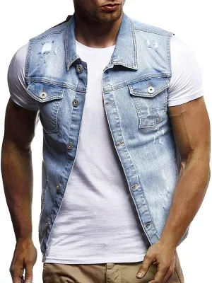 Mens Punk Ripped Denim Vest Jackets Sleeveless Motorcycle Trucker Jean Jackets Retro Button Down Tank Tops S-6XL