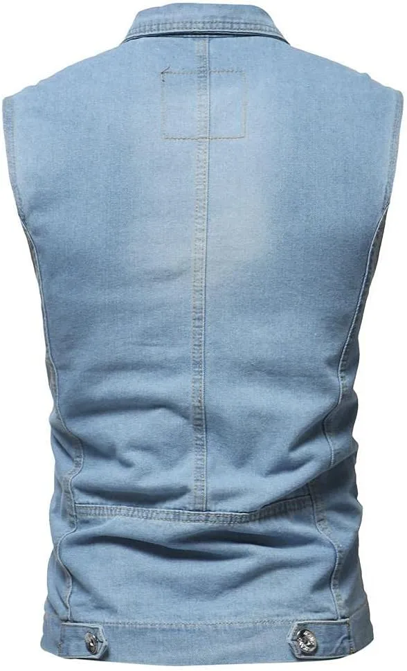 Mens Punk Ripped Denim Vest Jackets Sleeveless Motorcycle Trucker Jean Jackets Retro Button Down Tank Tops S-6XL