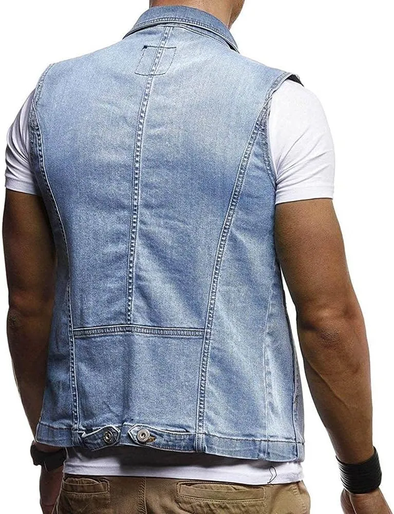 Mens Punk Ripped Denim Vest Jackets Sleeveless Motorcycle Trucker Jean Jackets Retro Button Down Tank Tops S-6XL
