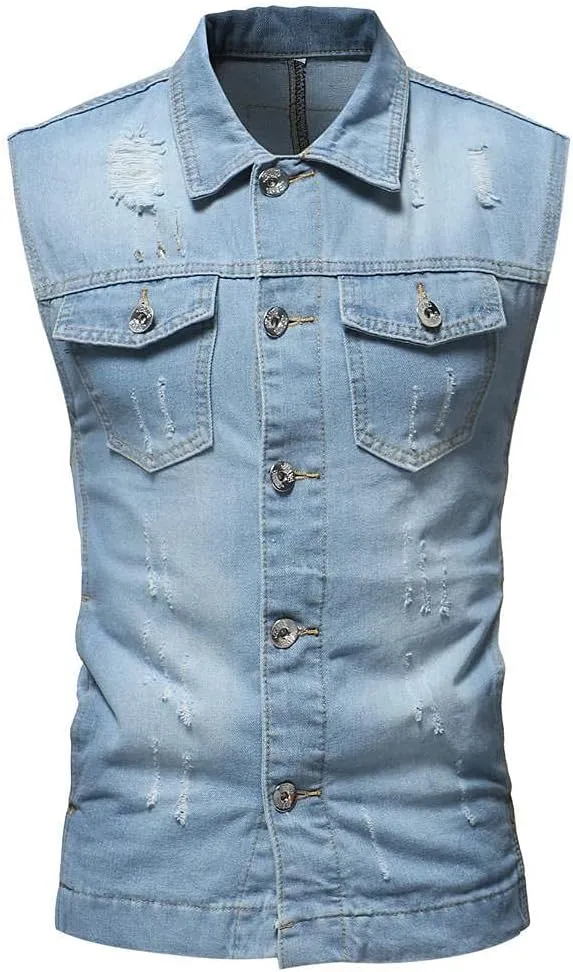 Mens Punk Ripped Denim Vest Jackets Sleeveless Motorcycle Trucker Jean Jackets Retro Button Down Tank Tops S-6XL