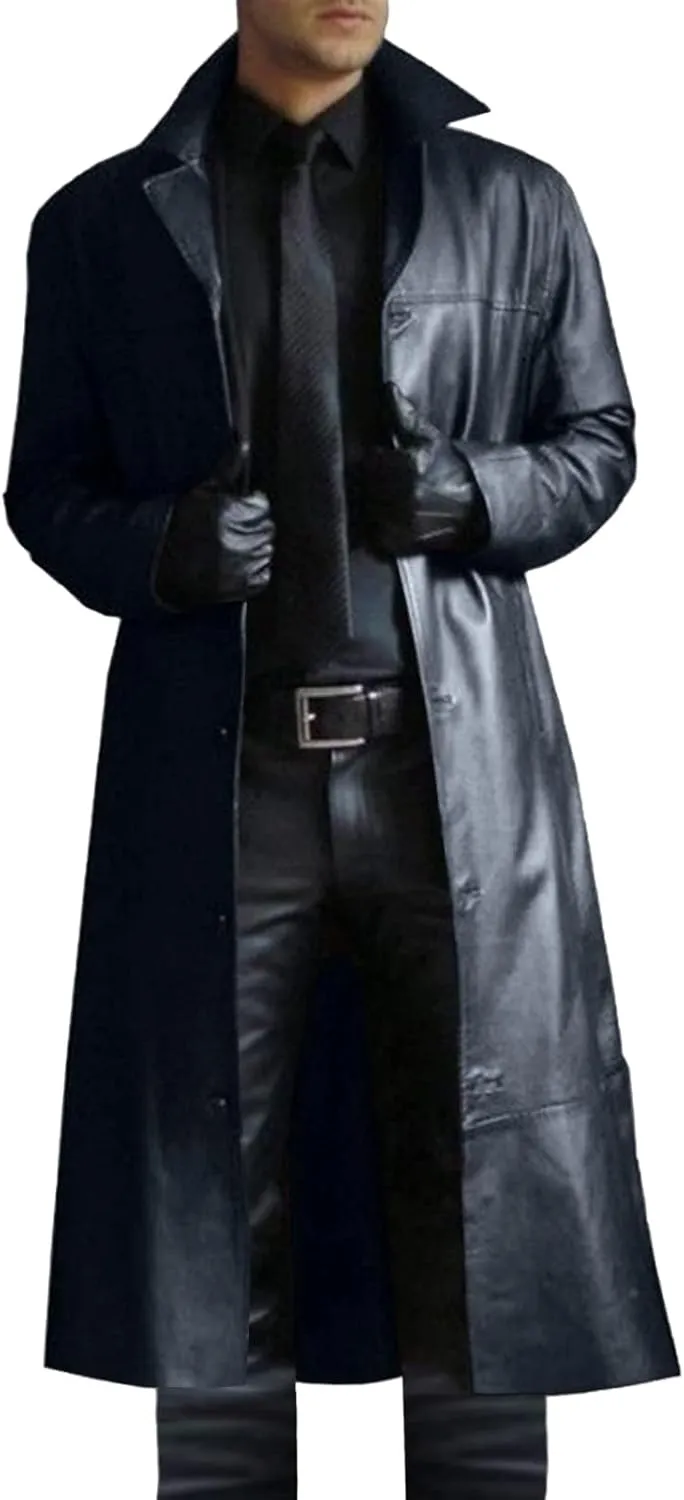 Mens Retro Black Leather Jacket Long Steampunk Trench Coat German Faux Leather Coat Military Officer Uniform Overcoat