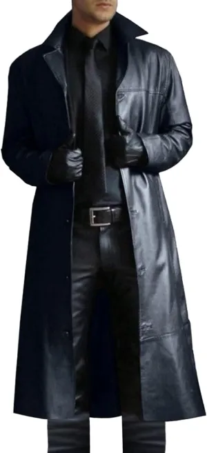 Mens Retro Black Leather Jacket Long Steampunk Trench Coat German Faux Leather Coat Military Officer Uniform Overcoat