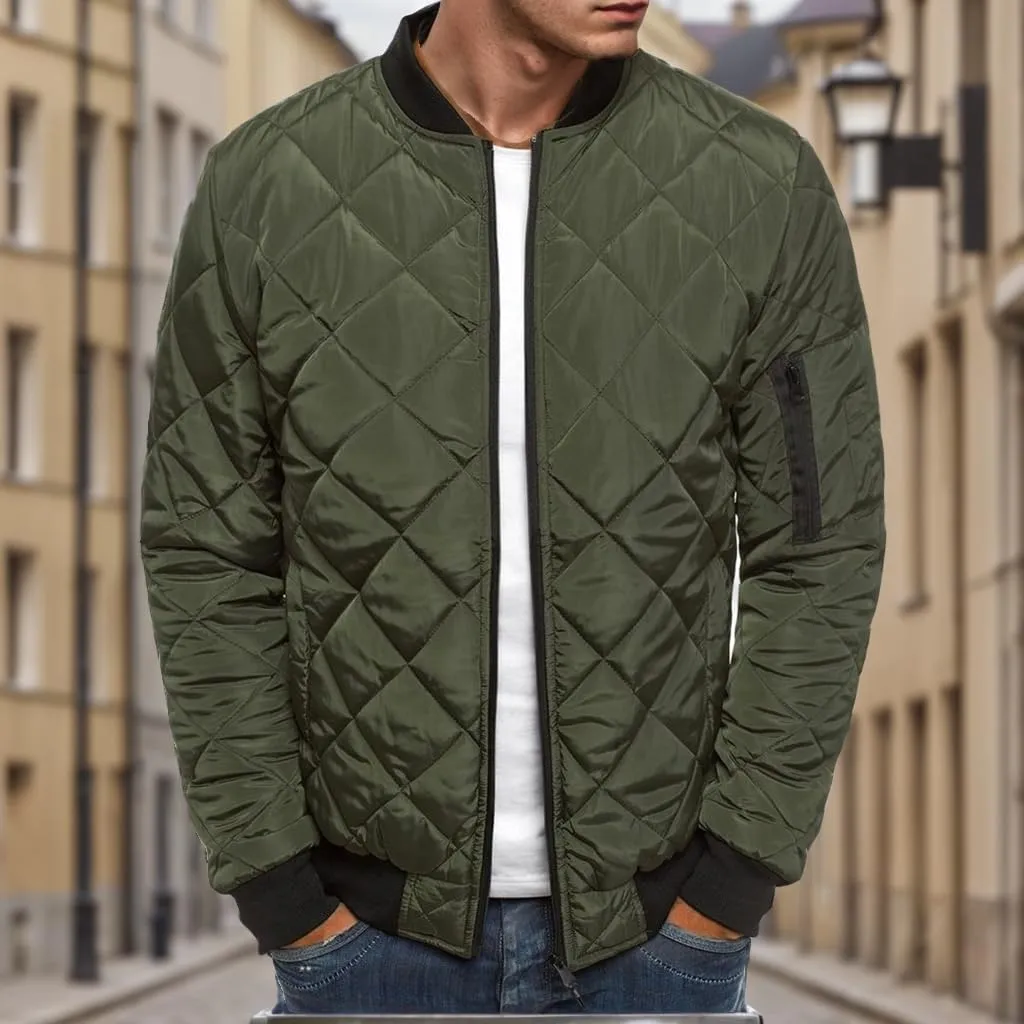 Men's Rhombic Cotton-Padded Jacket Solid Color Loose Jacket Arm Zipper Coat Warm Autumn Winter