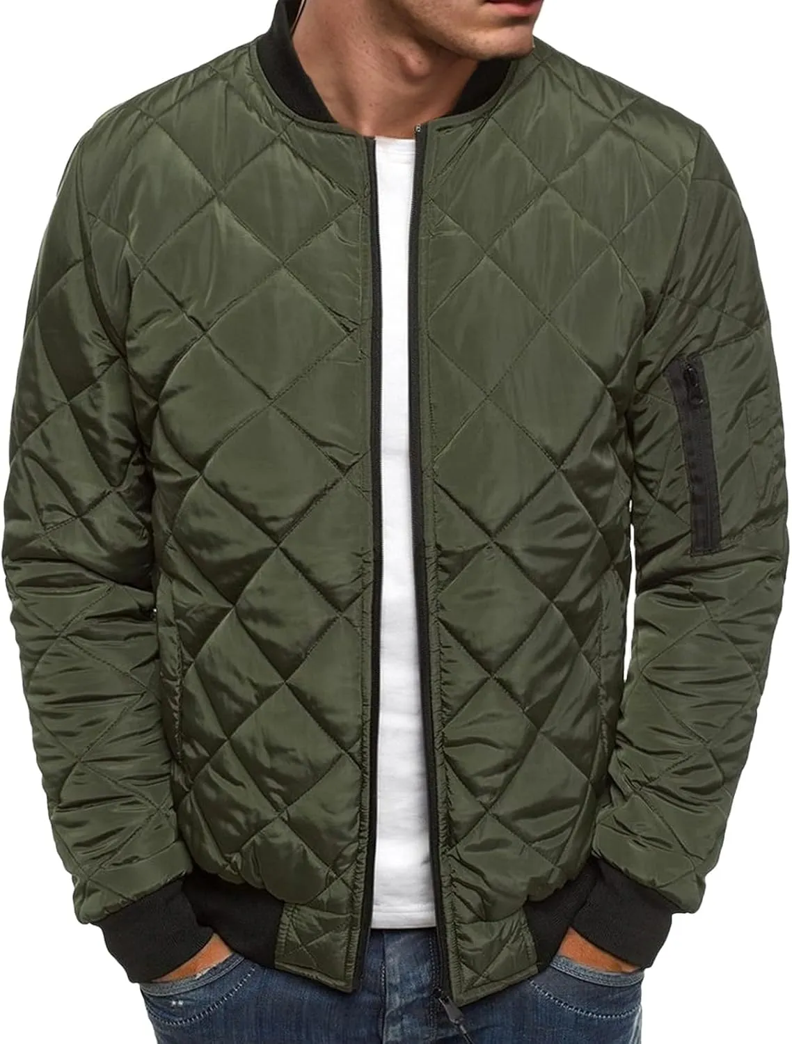 Men's Rhombic Cotton-Padded Jacket Solid Color Loose Jacket Arm Zipper Coat Warm Autumn Winter