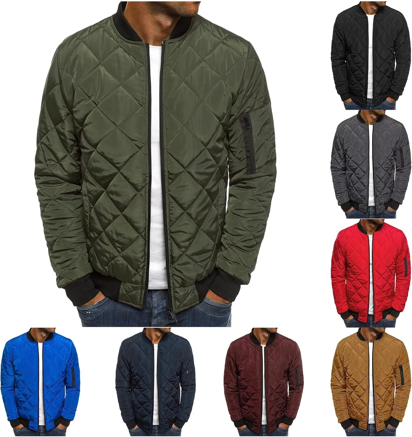 Men's Rhombic Cotton-Padded Jacket Solid Color Loose Jacket Arm Zipper Coat Warm Autumn Winter