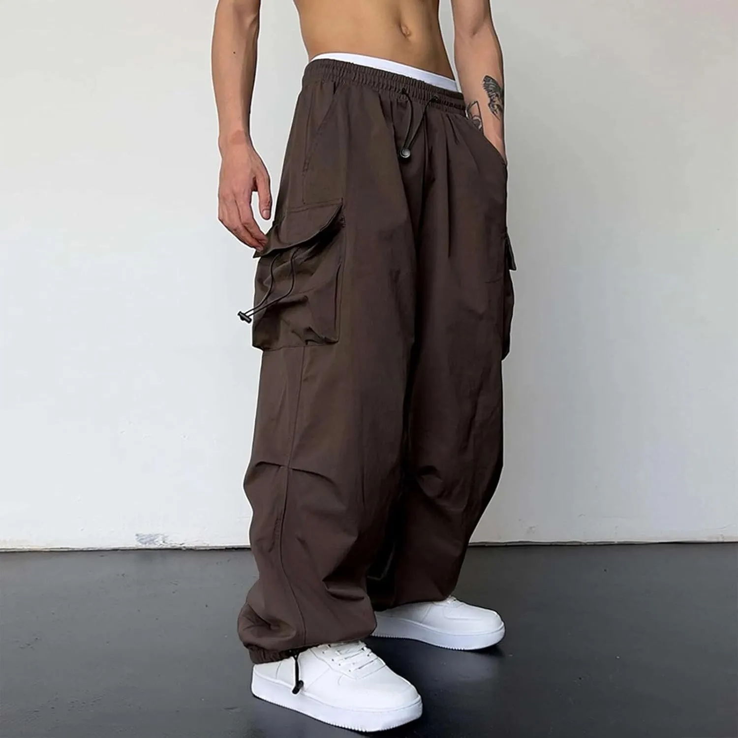 Mens Sweatpants with Pockets Wide Leg Baggy Elastic Waist Parachute Pants Lightweight Drawstring Comfy Casual Cargo Joggers