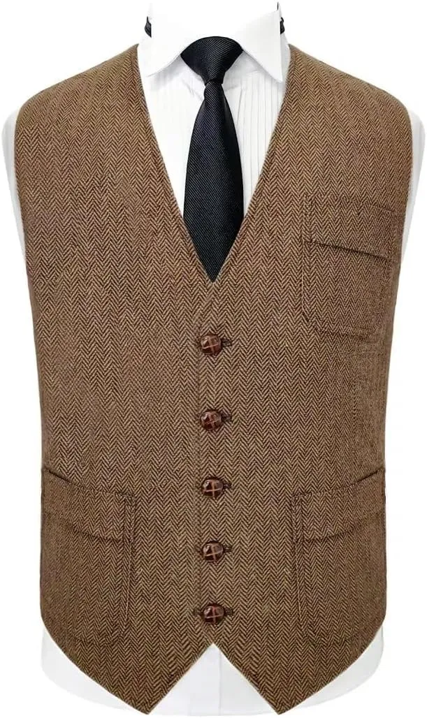 Mens Vintage Tweed Suit Vest V Neck Casual Wool Waistcoat for Wedding Groomsmen Men's Formal Vest