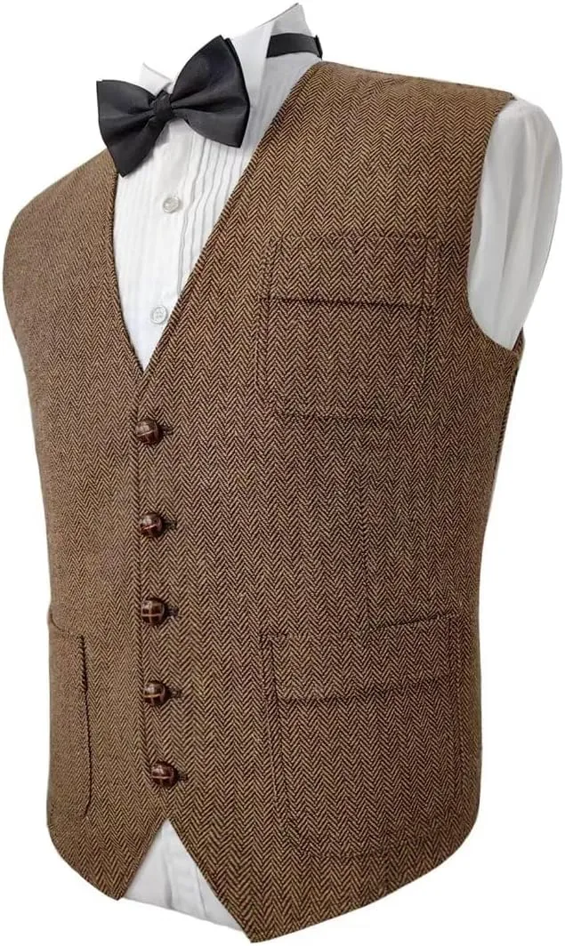 Mens Vintage Tweed Suit Vest V Neck Casual Wool Waistcoat for Wedding Groomsmen Men's Formal Vest