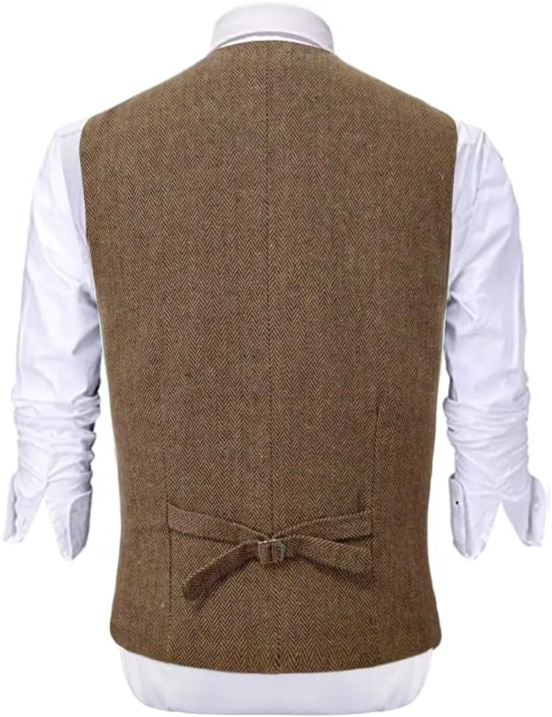 Mens Vintage Tweed Suit Vest V Neck Casual Wool Waistcoat for Wedding Groomsmen Men's Formal Vest