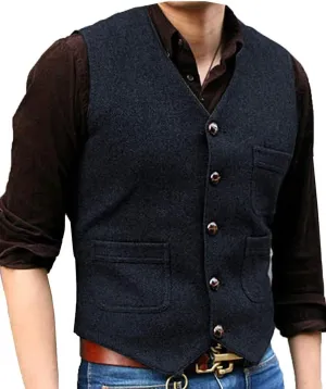 Mens Vintage Tweed Suit Vest V Neck Casual Wool Waistcoat for Wedding Groomsmen Men's Formal Vest