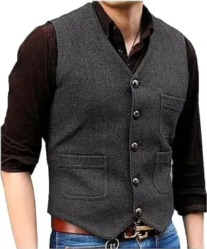 Mens Vintage Tweed Suit Vest V Neck Casual Wool Waistcoat for Wedding Groomsmen Men's Formal Vest