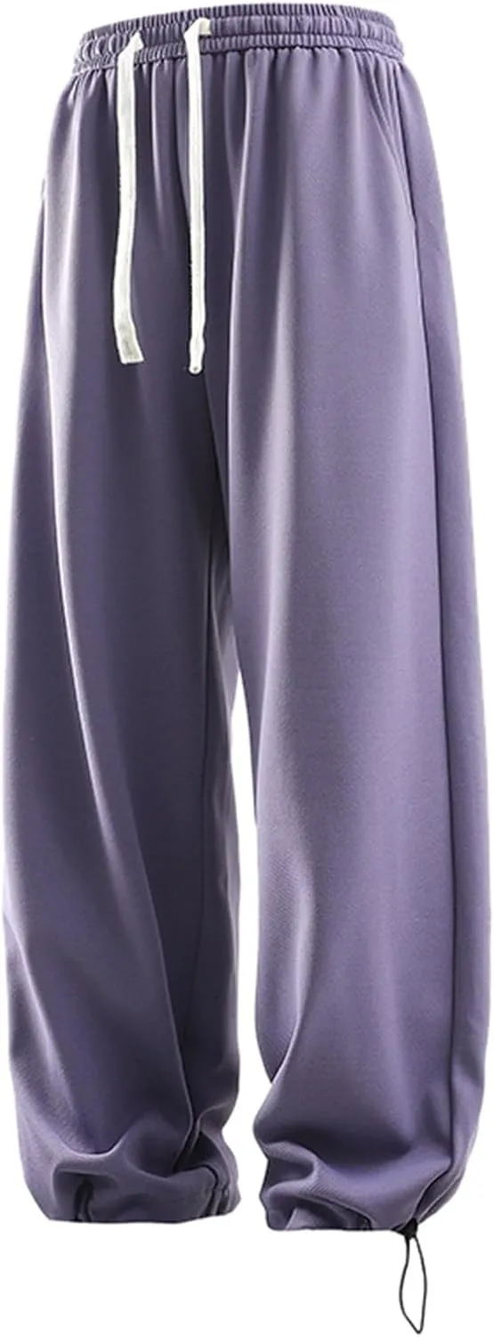 Mens Wide Leg Sweatpants Relaxed Fit Elastic Waist Drawstring Joggers Solid Straight Casual Hip Hop Pants Streetwear Trousers