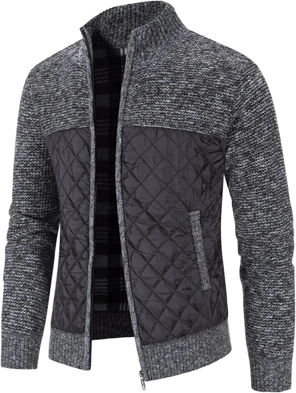 Men's Winter Casual Cardigan Cotton-padded Jacket Stand Collar Knitted Splice Sweater Coat for Coats Men