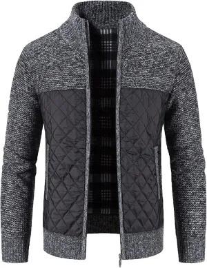 Men's Winter Casual Cardigan Cotton-padded Jacket Stand Collar Knitted Splice Sweater Coat for Coats Men